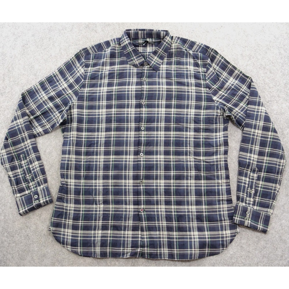 John Varvatos Shirt Mens Extra Large Blue Button Down Long Sleeve Plaid